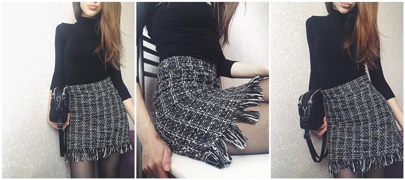 Winter Autumn Woollen Plaid Straight Mini Skirt in Vintage Style for Women
