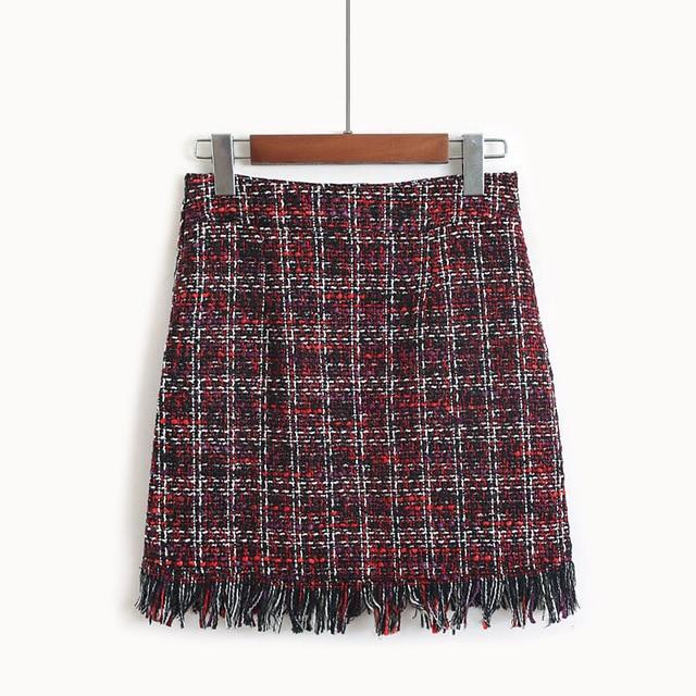 Winter Autumn Woollen Plaid Straight Mini Skirt in Vintage Style for Women
