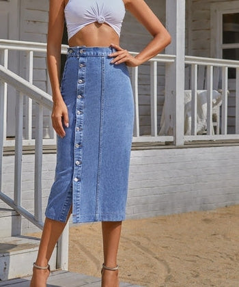 Women Button Up Knee Length High Waist Slit Skinny Jean Long Skirts on Clearance