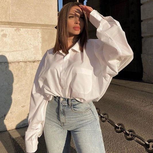 Women's Button Fly Lantern Sleeves Turn Down Collar Loose Shirt Blouse