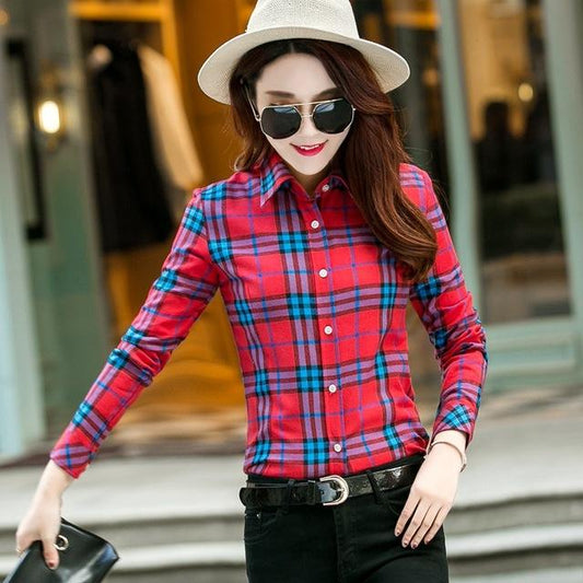 Women's Casual Lapel Plus Size Long Sleeve Plaid Checks Flannel Shirt