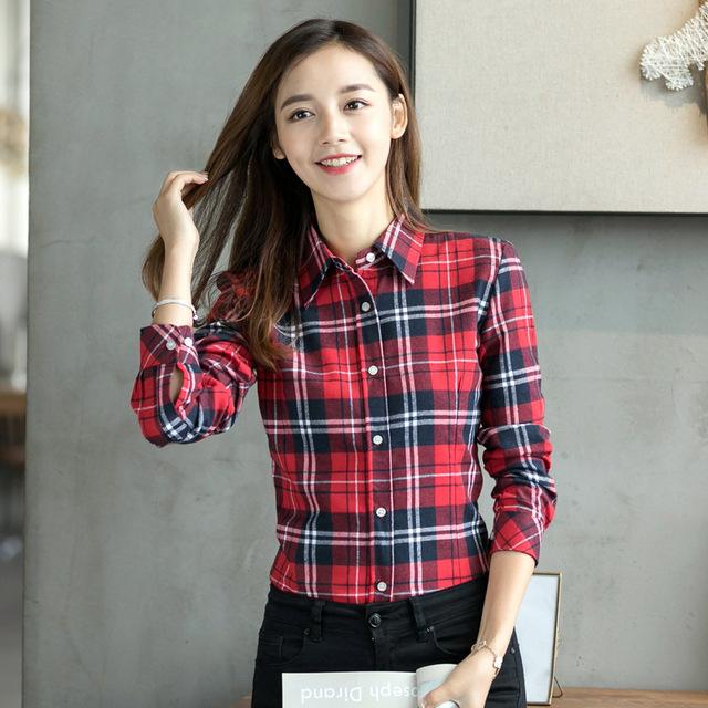 Women's Casual Lapel Plus Size Long Sleeve Plaid Checks Flannel Shirt