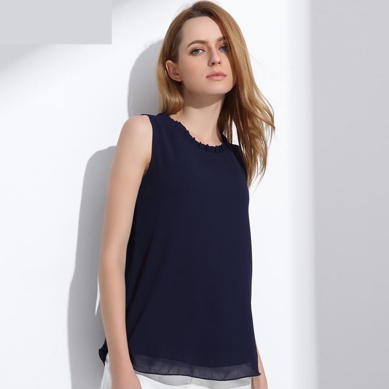 Women's Chiffon Sleeveless Collar Ruffles Casual O-Neck Blouse