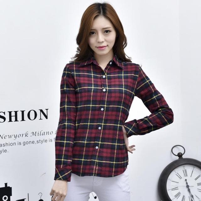 Women's Cotton Flannel Plaid Pattern Long Sleeve Pink Shirt with Buttons