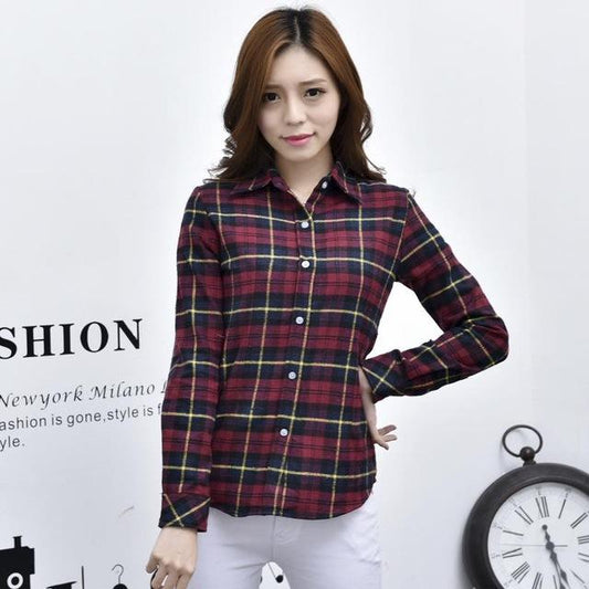 Women's Cotton Flannel Plaid Pattern Long Sleeve Pink Shirt with Buttons