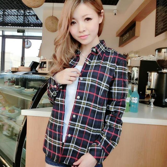 Women's Cotton Flannel Plaid Pattern Long Sleeve Pink Shirt with Buttons