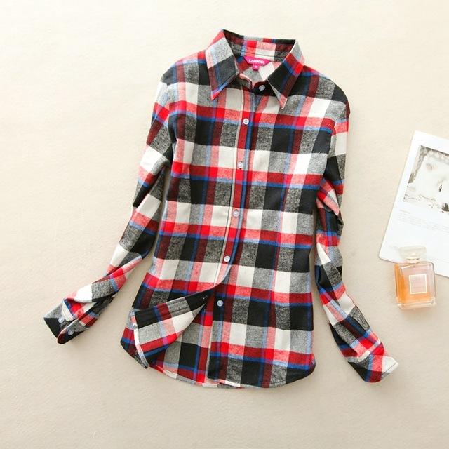 Women's Cotton Flannel Plaid Pattern Long Sleeve Pink Shirt with Buttons