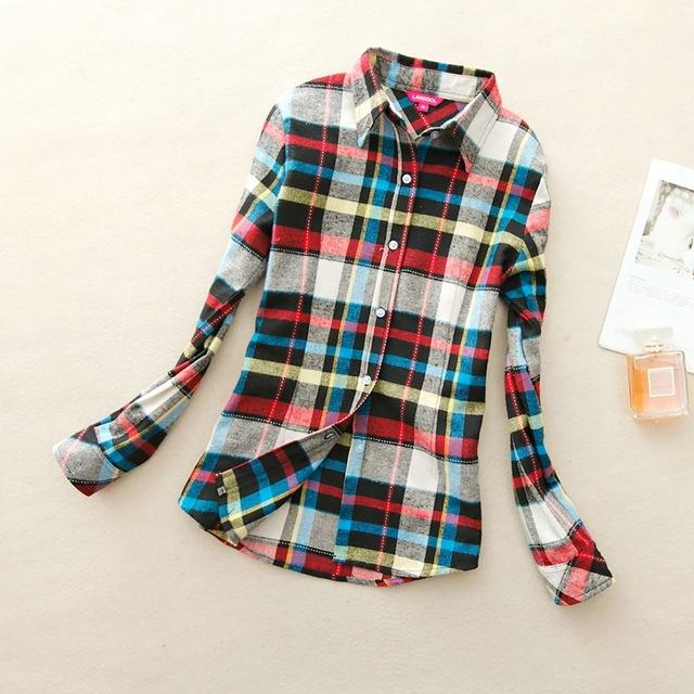 Women's Cotton Flannel Plaid Pattern Long Sleeve Pink Shirt with Buttons