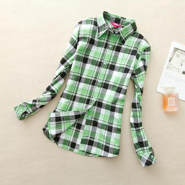 Women's Cotton Flannel Plaid Pattern Long Sleeve Pink Shirt with Buttons