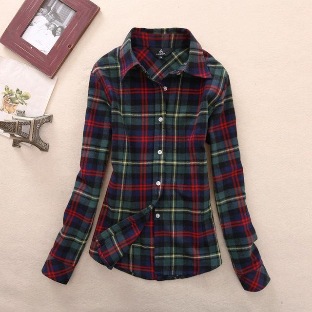 Women's Cotton Flannel Plaid Pattern Long Sleeve Pink Shirt with Buttons