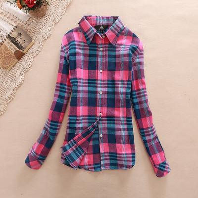 Women's Cotton Flannel Plaid Pattern Long Sleeve Pink Shirt with Buttons