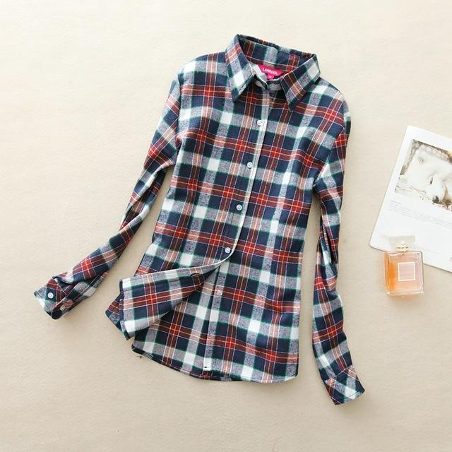 Women's Cotton Flannel Plaid Pattern Long Sleeve Pink Shirt with Buttons