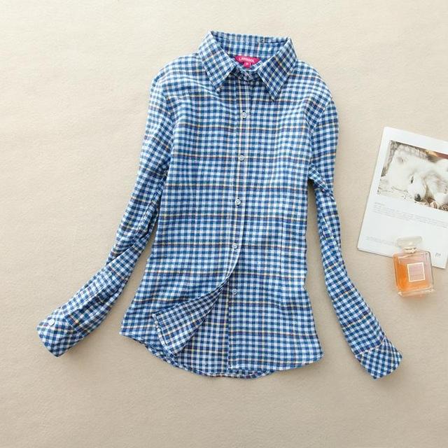 Women's Cotton Flannel Plaid Pattern Long Sleeve Pink Shirt with Buttons