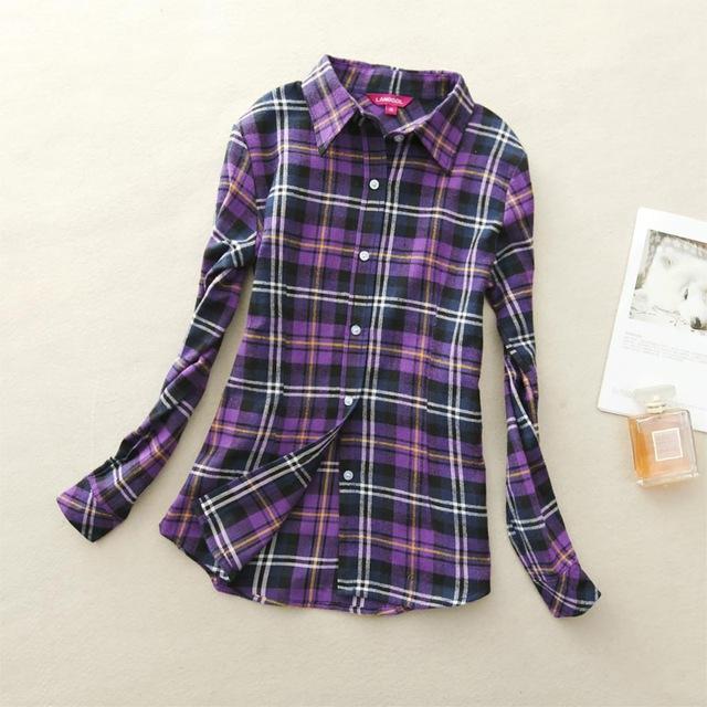 Women's Cotton Flannel Plaid Pattern Long Sleeve Pink Shirt with Buttons