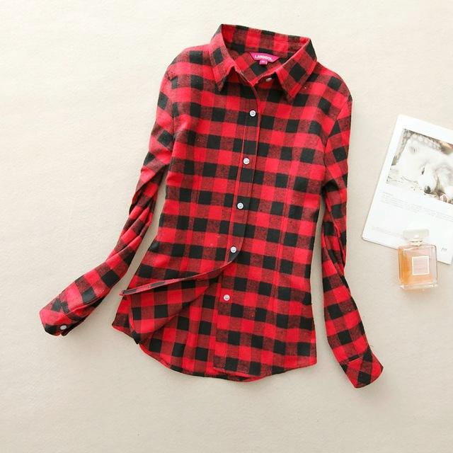 Women's Cotton Flannel Plaid Pattern Long Sleeve Pink Shirt with Buttons