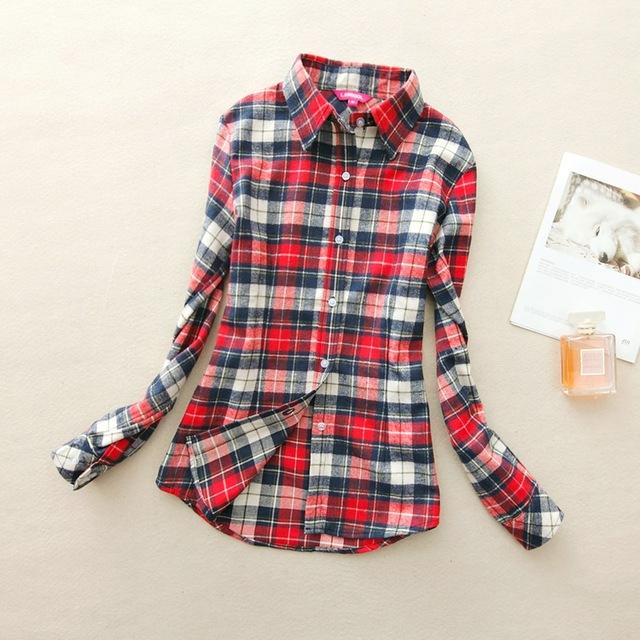 Women's Cotton Flannel Plaid Pattern Long Sleeve Pink Shirt with Buttons