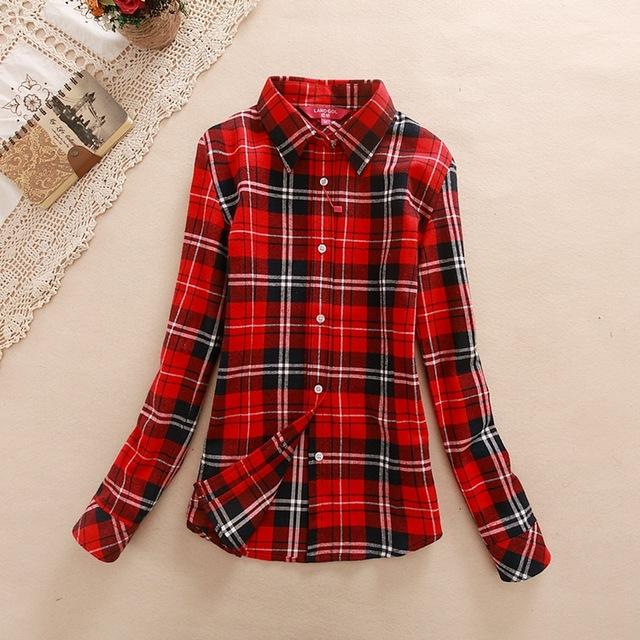 Women's Cotton Flannel Plaid Pattern Long Sleeve Pink Shirt with Buttons