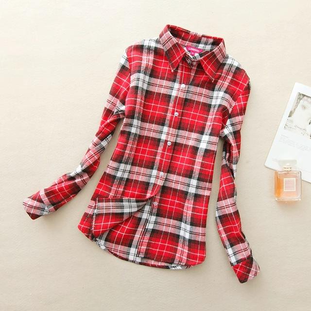 Women's Cotton Flannel Plaid Pattern Long Sleeve Pink Shirt with Buttons