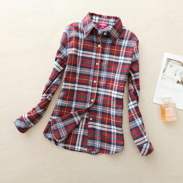 Women's Cotton Flannel Plaid Pattern Long Sleeve Pink Shirt with Buttons