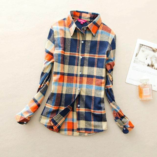 Women's Cotton Flannel Plaid Pattern Long Sleeve Pink Shirt with Buttons