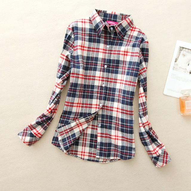 Women's Cotton Flannel Plaid Pattern Long Sleeve Pink Shirt with Buttons