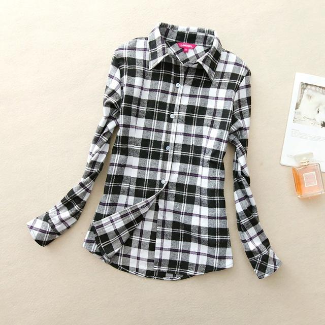 Women's Cotton Flannel Plaid Pattern Long Sleeve Pink Shirt with Buttons