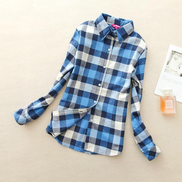 Women's Cotton Flannel Plaid Pattern Long Sleeve Pink Shirt with Buttons