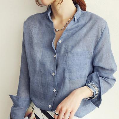 Women's Cotton Linen Long Sleeve Solid Collar Chemise with Pockets