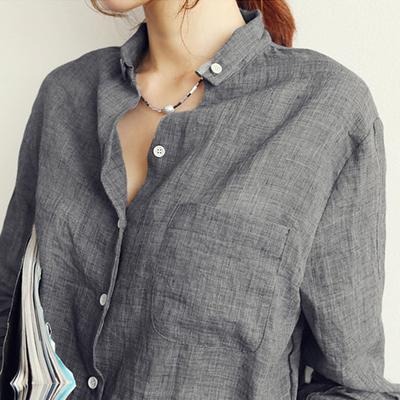 Women's Cotton Linen Long Sleeve Solid Collar Chemise with Pockets