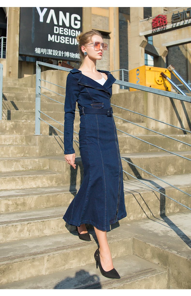Women's Long Mid-Calf Turn-down Collar Trench Dress with Belt