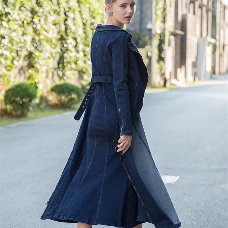 Women's Long Mid-Calf Turn-down Collar Trench Dress with Belt