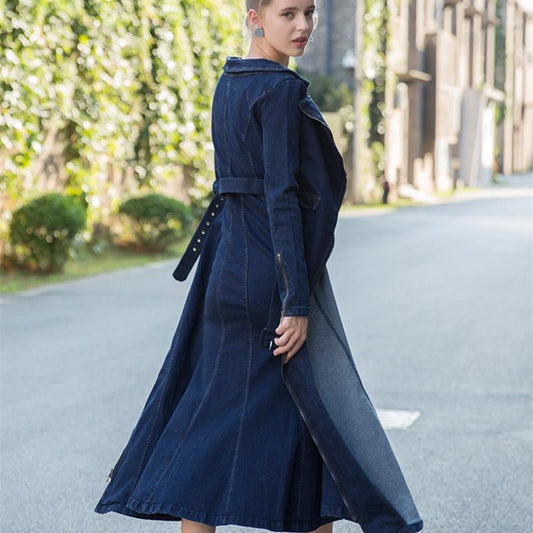 Women's Long Mid-Calf Turn-down Collar Trench Dress with Belt