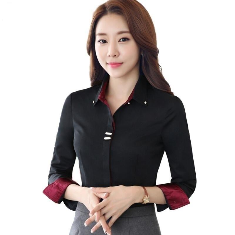 Women's Long Sleeve Shirt Black White Slim Patchwork Sequined Blouse