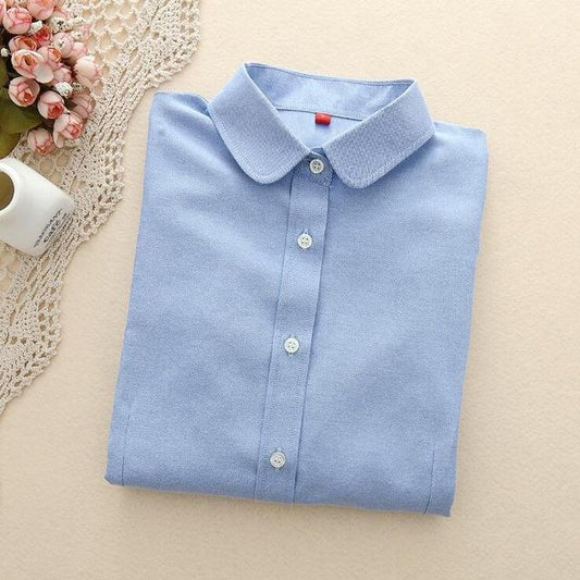 Women's Oxford Long Sleeve Solid Casual Blouse with Buttons and Collar