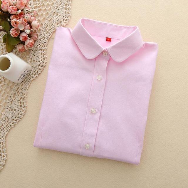 Women's Oxford Long Sleeve Solid Casual Blouse with Buttons and Collar