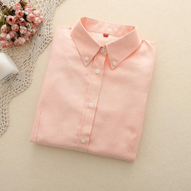 Women's Oxford Long Sleeve Solid Casual Blouse with Buttons and Collar