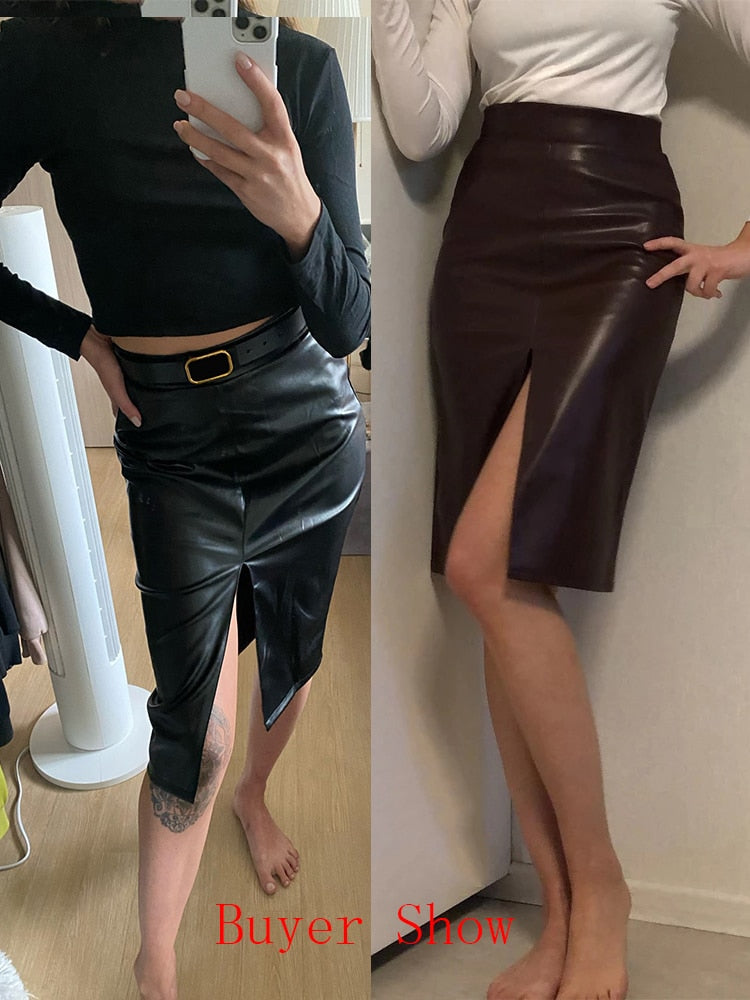 Women's Sexy Streetwear Synthetic Leather High Waist Slit Pencil Office Skirt