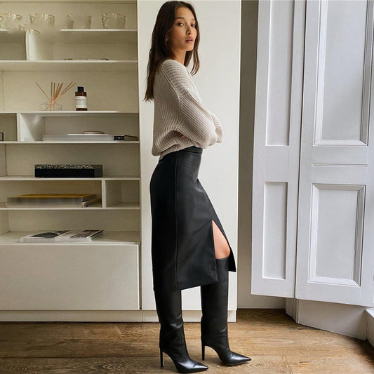 Women's Sexy Streetwear Synthetic Leather High Waist Slit Pencil Office Skirt