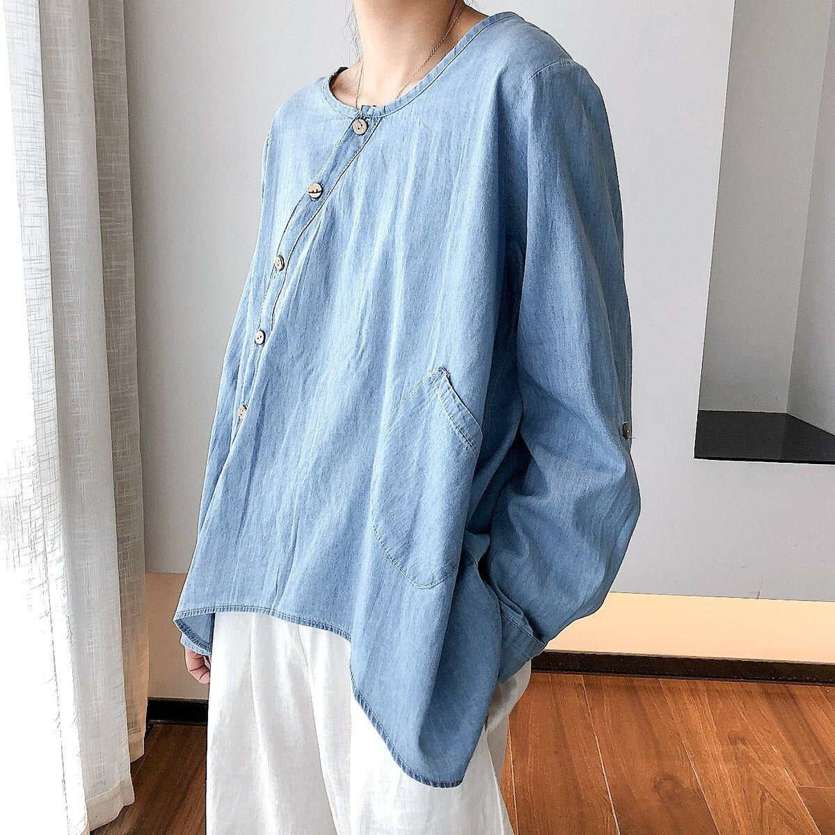 Women's Slant Oblique Button Irregular Roll Up Sleeve Washed Blue Blouse