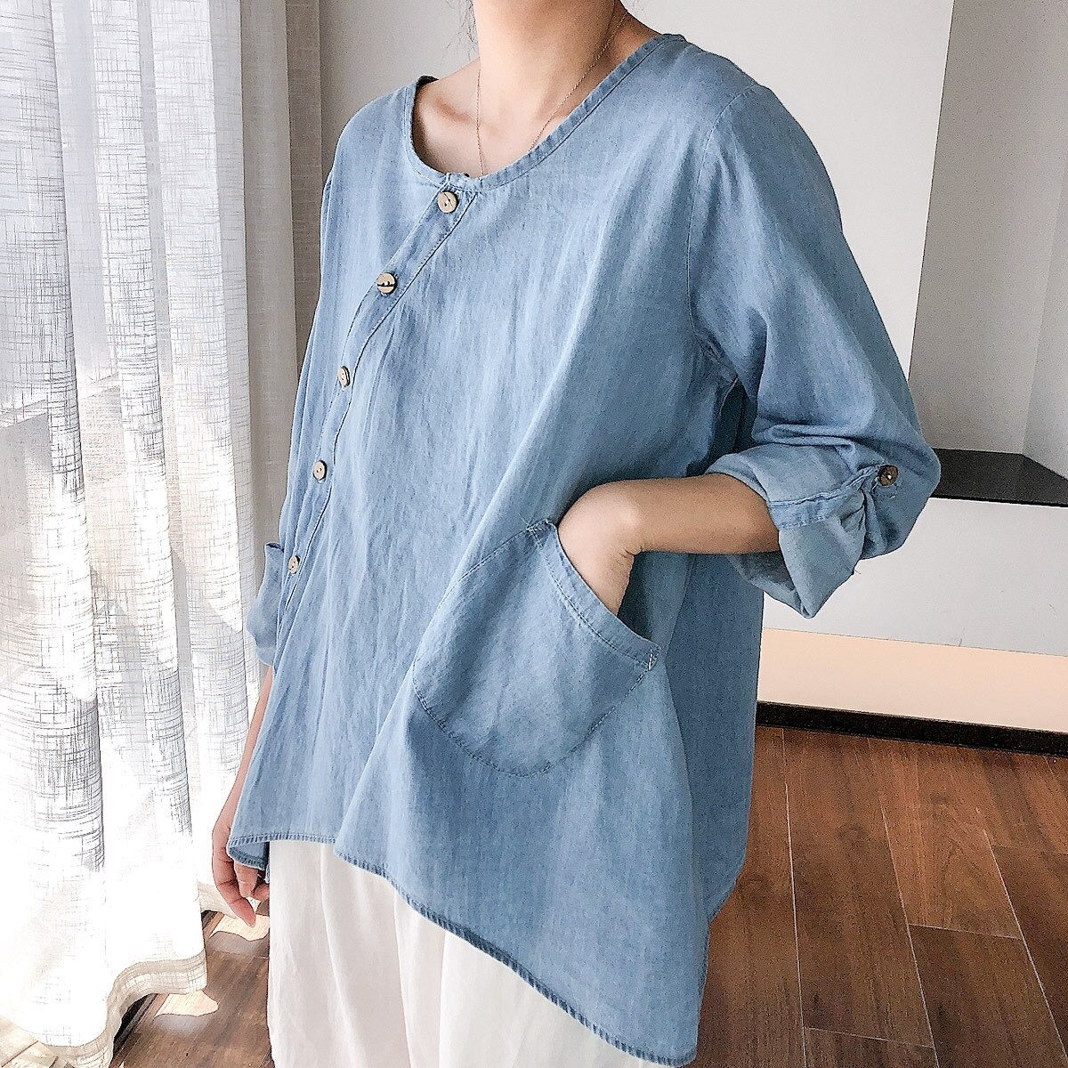 Women's Slant Oblique Button Irregular Roll Up Sleeve Washed Blue Blouse
