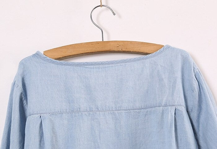 Women's Slant Oblique Button Irregular Roll Up Sleeve Washed Blue Blouse
