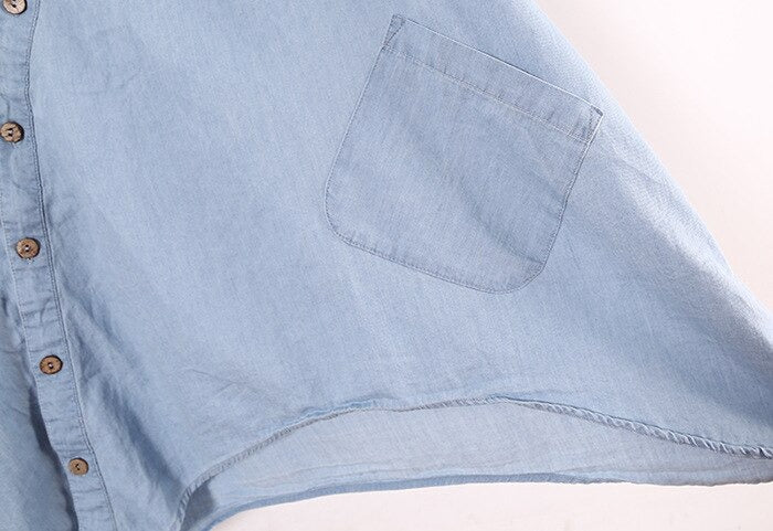 Women's Slant Oblique Button Irregular Roll Up Sleeve Washed Blue Blouse