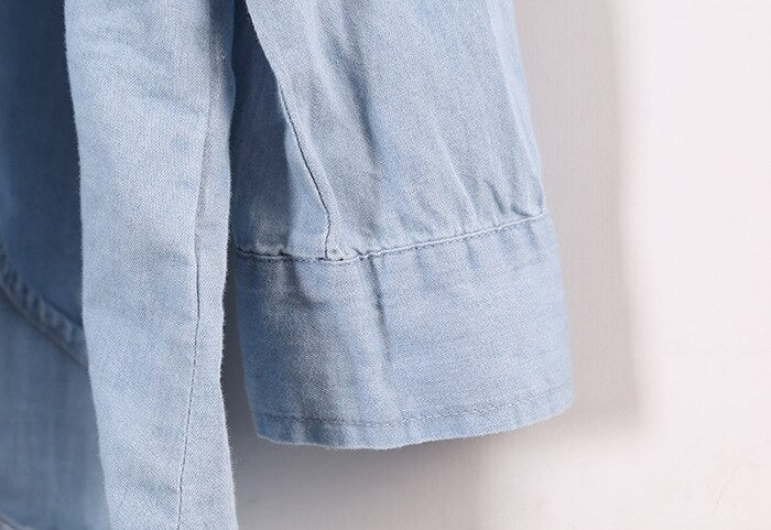 Women's Slant Oblique Button Irregular Roll Up Sleeve Washed Blue Blouse