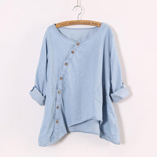Women's Slant Oblique Button Irregular Roll Up Sleeve Washed Blue Blouse