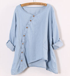 Women's Slant Oblique Button Irregular Roll Up Sleeve Washed Blue Blouse