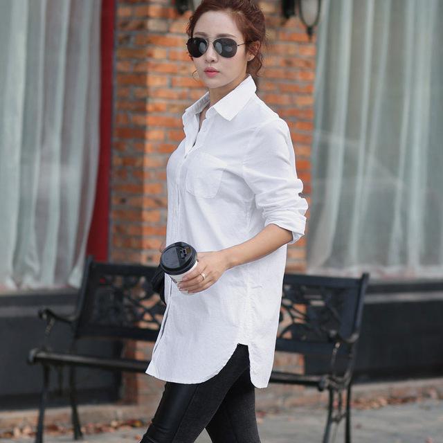 Women's White Long Sleeve Cotton Polyester Solid Long Shirt with Collar