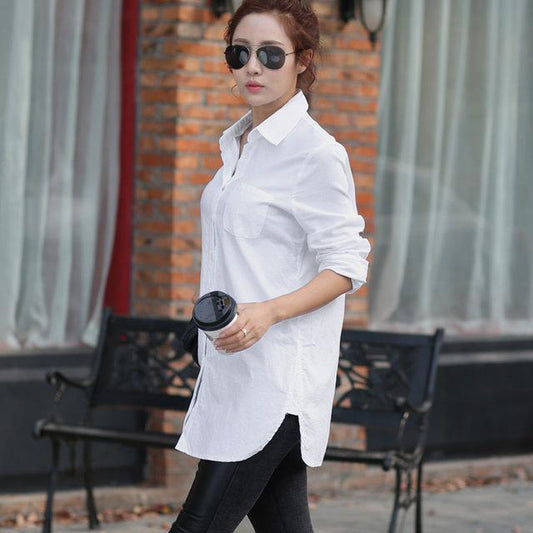 Women's White Long Sleeve Cotton Polyester Solid Long Shirt with Collar