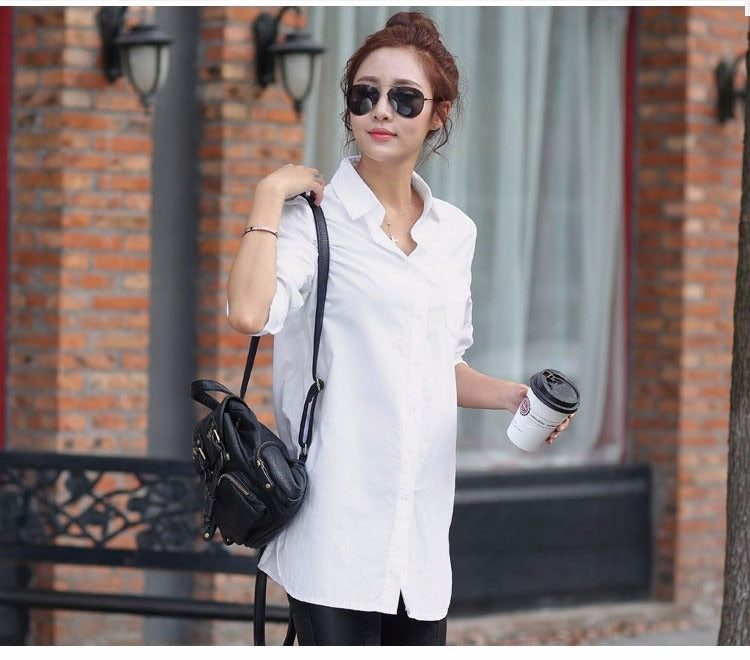 Women's White Long Sleeve Cotton Polyester Solid Long Shirt with Collar