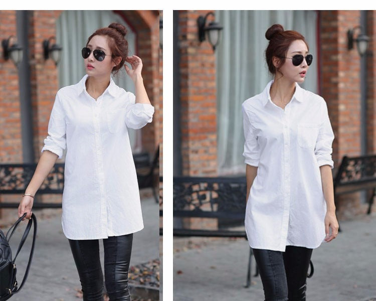 Women's White Long Sleeve Cotton Polyester Solid Long Shirt with Collar