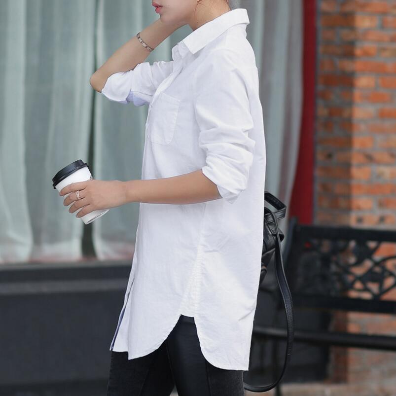 Women's White Long Sleeve Cotton Polyester Solid Long Shirt with Collar